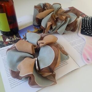 Oversized and small brown,cream and powder blue Organza Scrunchie Hair Accessory